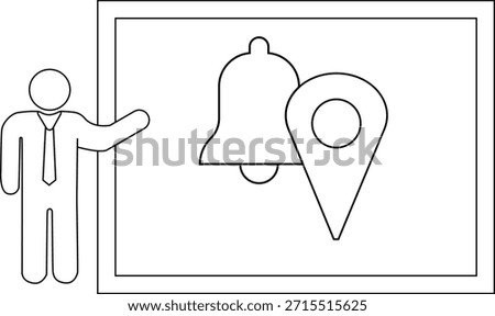 A figure gestures to a framed image of a bell and location pin