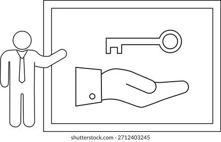 A figure gestures towards a framed image of a hand presenting a key