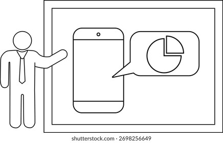 A figure gestures towards a screen showing a mobile phone with a chart in a speech bubble