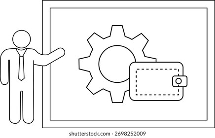 A figure gesturing towards a whiteboard displaying a gear and a wallet