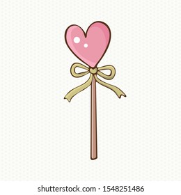 Figure gingerbread on a stick with a bow in the shape of a heart in vector. Color illustration doodle element for Valentine's Day. Heart shape lollipop pop art. Love sweet candy. Doodle
