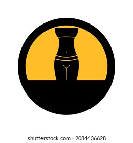 Figure of a girl, black and yellow colors, round sign for design on a white background, vector illustration