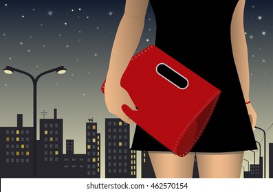 figure of a girl in a dress with a red bag on background of the night city