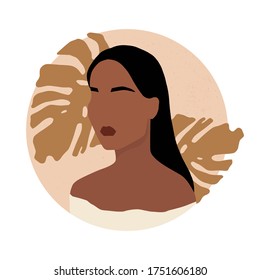 The figure of a girl on an abstract background with texture. Stylish woman, model. Golden monstera leaves. Minimalist modern portrait. Drawing art print in boho style. Vector illustration, fashion.