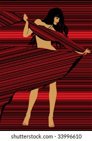 figure of girl on an abstract linear red background with the piece of matter