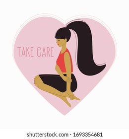 
The figure of the girl is in the shape of a heart. The concept of care and personal care. Girl hugs herself. Sports figure. Flat vector illustration.