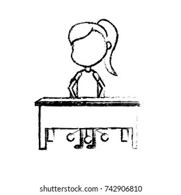 figure girl student sitting in the wood desk