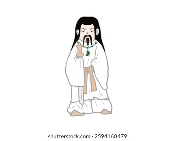 A figure of the god Takamimusubinokami from Japanese mythology, wearing a white kimono and standing with a cute three-headed figure.