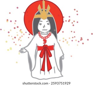 A figure of the goddess Amaterasu in Japanese mythology standing with her arms outstretched with the sun behind her.