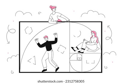 Figure golden ratio line vector. Men and women near geometric figures. Creativity and art. Elegant formation, beautiful shape, symmetry. Team of graphic designers. Linear flat vector illustration