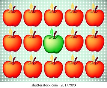 Figure of a green apple among red