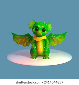 A figure of a green dragon with cute green eyes, beautiful wings and horns.