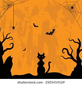 Figura de murciélagos de Halloween con una silueta de gato. Vector de concepto de vacaciones nacionales estacionales