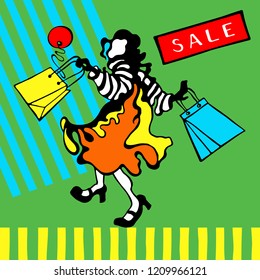Figure of happy brunette girl with shopping bags on a graphic background. Sale card. Vector illustration.