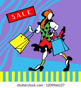 Figure of happy readhead girl with shopping bags on a graphic background. Sale card. Vector illustration.