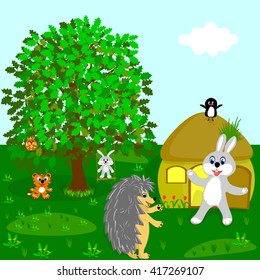 the figure hare, hedgehog, tiger, squirrel and birds around the house in a forest glade
