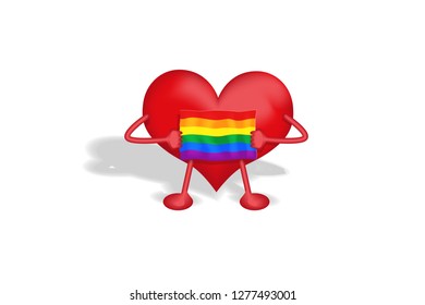 The figure of the heart holds the flag of the LGBT in the colors of the rainbow on a gray background with a shimmer