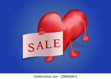 The figure of heart holds in the hands of a poster with the inscription of the sale on blue background
