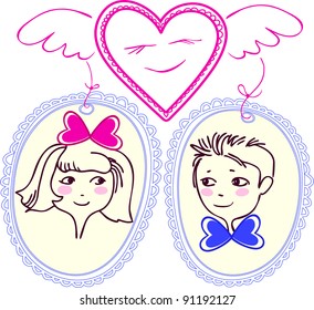Figure heart with wings, which has chosen pair. The girl and boy are shown in small portraits. Under the image of the heart and the circuit is no border background.