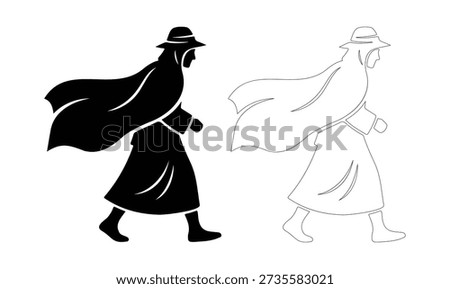 Figure in hijab and cloak walking, human silhouette, traditional attire.