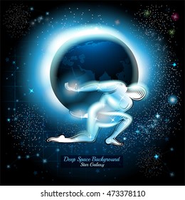 Figure hold on back night earth in space with starry sky background