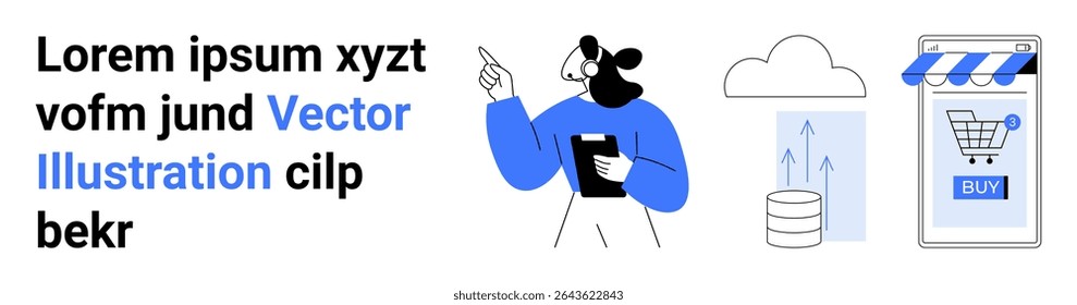 Figure holding a clipboard, pointing at icons of a cloud, data storage and arrows, online shopping cart on a storefront. Ideal for tech services, web design, business, e-commerce, data management