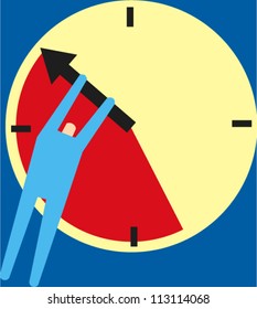 Figure holds back the hand of a clock