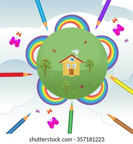 Figure homes in rainbows. Vector illustration