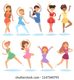 Figure ice skater vector women beauty sport girls doing exercise and tricks jump characters dancer figurist skates girls performance illustration