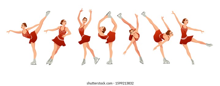 Figure ice skating characters. Beautiful women in red dress. Isolated set of illustrations