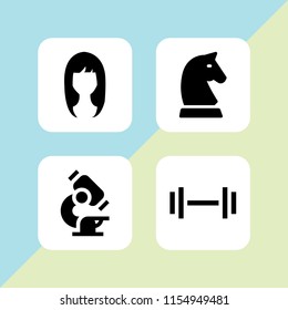figure icon. 4 figure set with scientific, woman dark long hair shape, weight and chess vector icons for web and mobile app