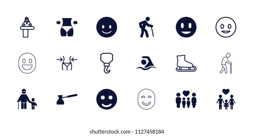 Figure icon. collection of 18 figure filled and outline icons such as smile, smiling emoji, old man, family, turk, swimming. editable figure icons for web and mobile.