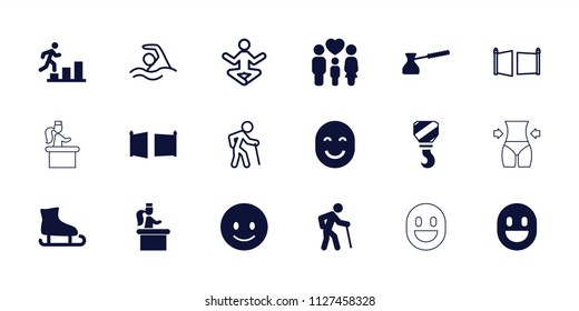 Figure icon. collection of 18 figure filled and outline icons such as smiling emoji, old man, family, gate, man going up. editable figure icons for web and mobile.