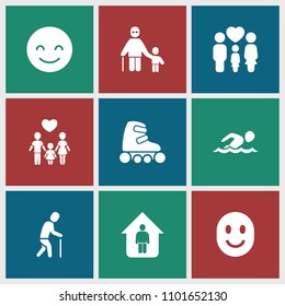 Figure icon. collection of 9 figure filled icons such as smiling emot, family, skate rollers, man in home. editable figure icons for web and mobile.