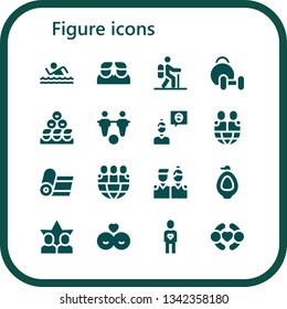 figure icon set. 16 filled figure icons.  Simple modern icons about  - Swim, Friends, Hiking, Weightlifting, Friend, Yoga, Urinal