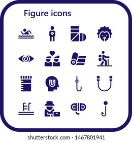 figure icon set. 16 filled figure icons.  Collection Of - Swim, Friend, Sling, Hedgehog, Fatigue, Couple, Yoga, Hiking, Urine, Influence, Hook, Rope, Farmer