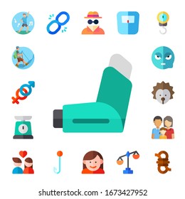 figure icon set. 17 flat figure icons. Included dancing, hiking, couple, inhaler, scale, angry, hedgehog, family, link, hook, invisible man, mother, rope icons