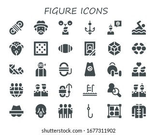 figure icon set. 30 filled figure icons.  Simple modern icons such as: Rope, Farmer, Friends, Hook, Friend, Swimming, Hedgehog, Chess board, Rugby, Portrait, 3d modeling, Plastered arm