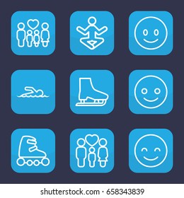 Figure icon. set of 9 outline figure icons such as family, swimmer, skate rollers, ice skate, smiling emot