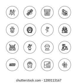 Figure icon set. collection of 16 outline figure icons with bending, basketball player, couple, cyclist, daily motion, dancer, friends, frisbee, family, hedgehog, loss icons.