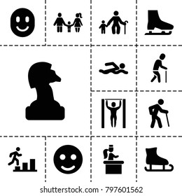 Figure icons. set of 13 editable filled figure icons such as smile, chess horse, old man, old man with child, ice skating, ice skate, airport desk, smiling emot, family