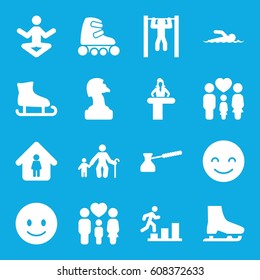 Figure icons set. set of 16 figure filled icons such as airport desk, man in home, smiling emot, bar   tightening, family, turk, skate rollers, ice skate, swimmer