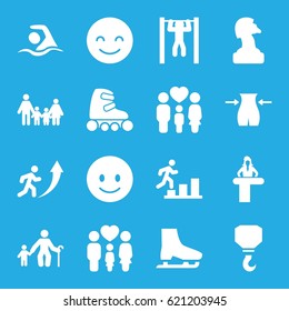 Figure icons set. set of 16 figure filled icons such as airport desk, slim, hook, smiling emot, bar   tightening, family, swimming, skate rollers, ice skate, man going up