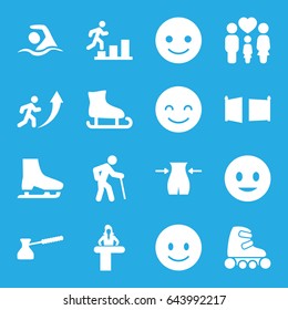Figure icons set. set of 16 figure filled icons such as airport desk, slim, smiling emot, family, turk, gate, swimming, skate rollers, ice skate, man going up, old man