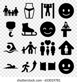 Figure icons set. set of 16 figure filled icons such as airport desk, man in home, hook, smiling emot, bar   tightening, family, gate, swimming, swimmer, man going up