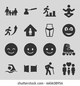 Figure icons set. set of 16 figure filled icons such as man in home, smiling emot, family, smiley, turk, gate, swimming, skate rollers, man going up, old man, waist fitness