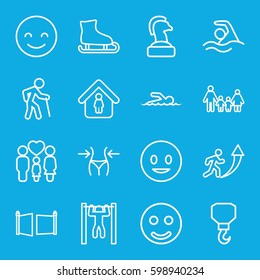 figure icons set. Set of 16 figure outline icons such as slim, man in home, hook, bar   tightening, family, gate, swimmer, swimming, smiling emot, smile, man going up, old man