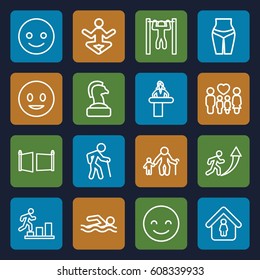 Figure icons set. set of 16 figure outline icons such as airport desk, man in home, bar   tightening, family, gate, smiling emot, man going up, waist fitness, yoga