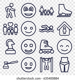 Figure icons set. set of 16 figure outline icons such as man in home, bar   tightening, family, smiley, turk, skate rollers, ice skate, smiling emot, smile, old man