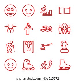 Figure icons set. set of 16 figure outline icons such as airport desk, slim, bar   tightening, family, smiley, turk, gate, skate rollers, ice skate, smiling emot, man going up